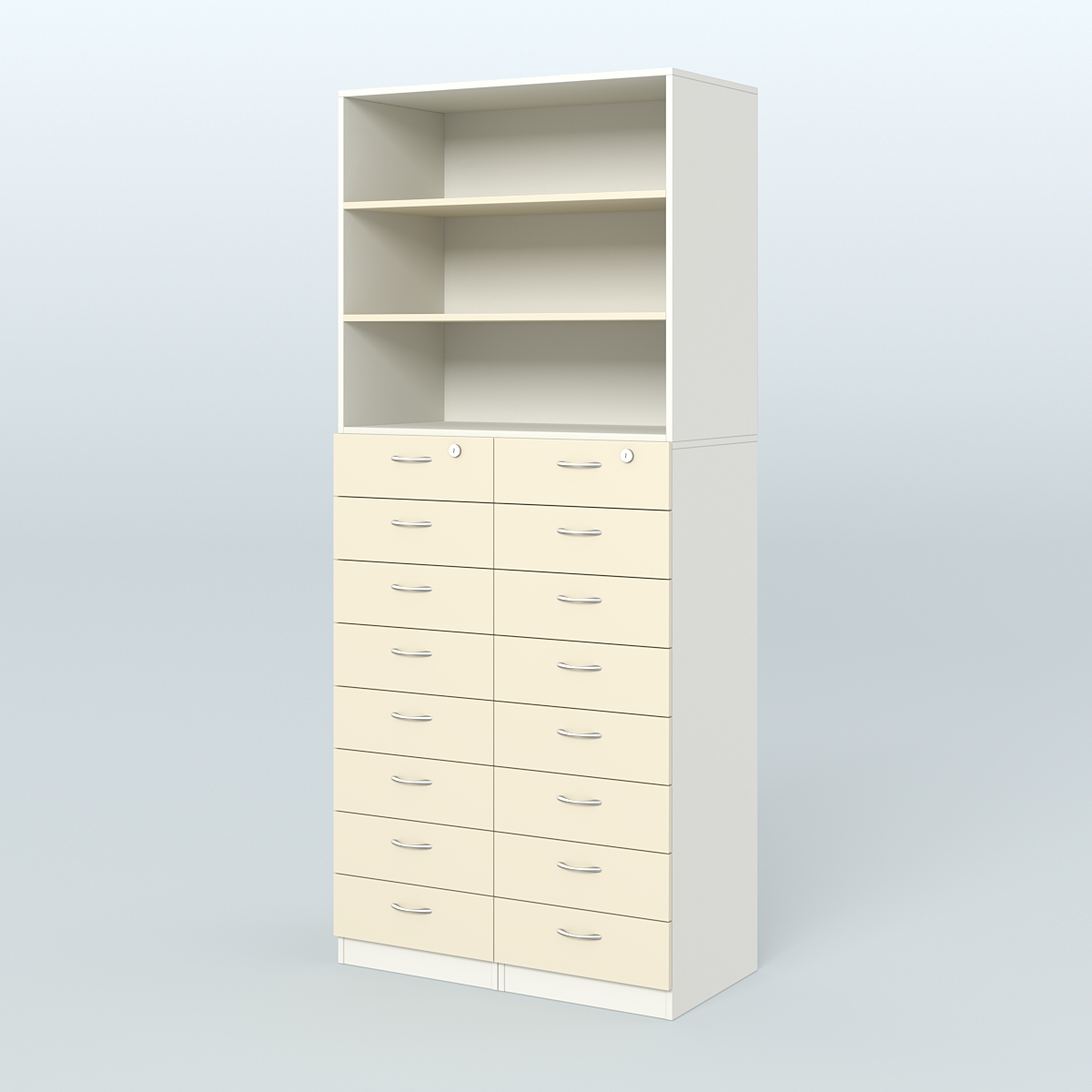 Шкаф для аптек с 16-ю ящиками и двумя полками ДСП №7-Д Белый + Крем Вайс