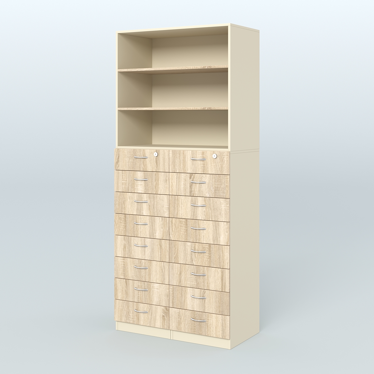 Шкаф для аптек с 16-ю ящиками и двумя полками ДСП №7-Д Крем Вайс и Дуб Сонома U2236-5