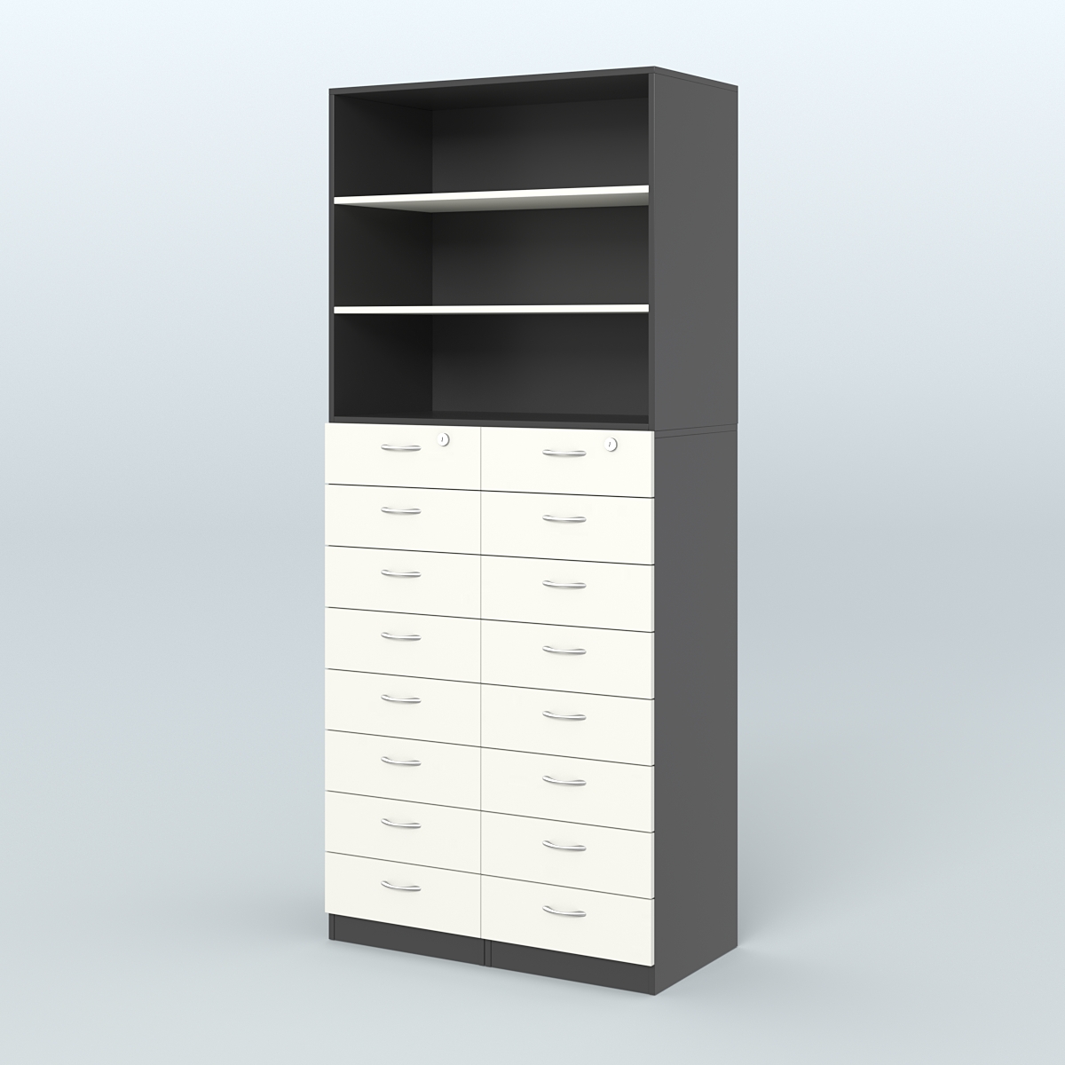 Шкаф для аптек с 16-ю ящиками и двумя полками ДСП №7-Д Черный + Белый