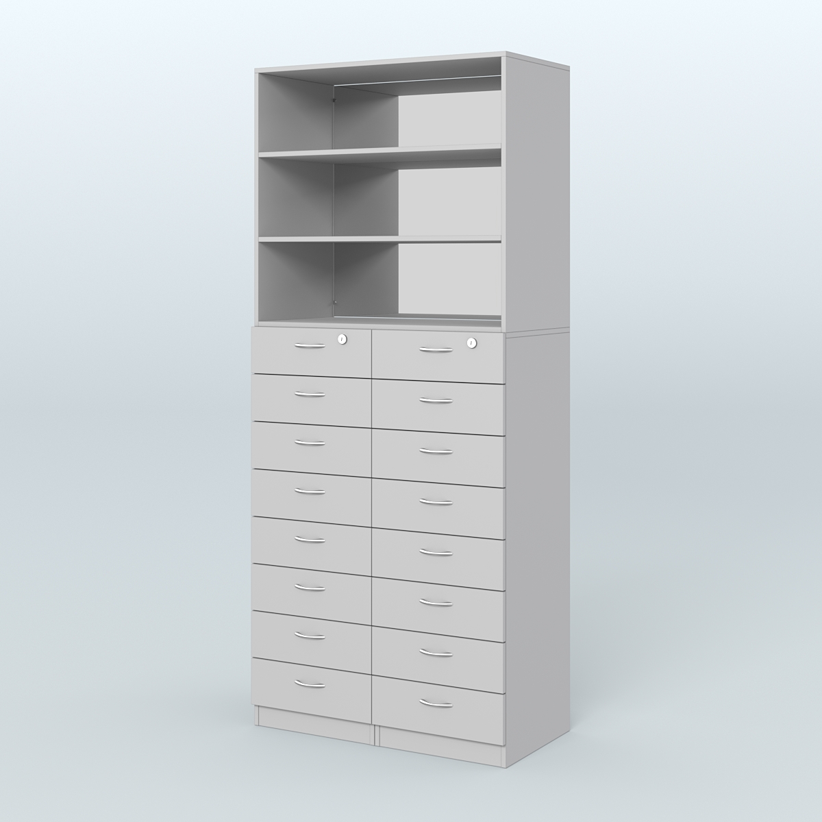 Шкаф для аптек с 16-ю ящиками и двумя полками ДСП и зеркалом №7-1-ДЗ Серый