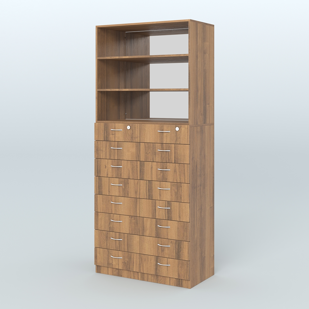 Шкаф для аптек с 16-ю ящиками и двумя полками ДСП и зеркалом №7-1-ДЗ Орех