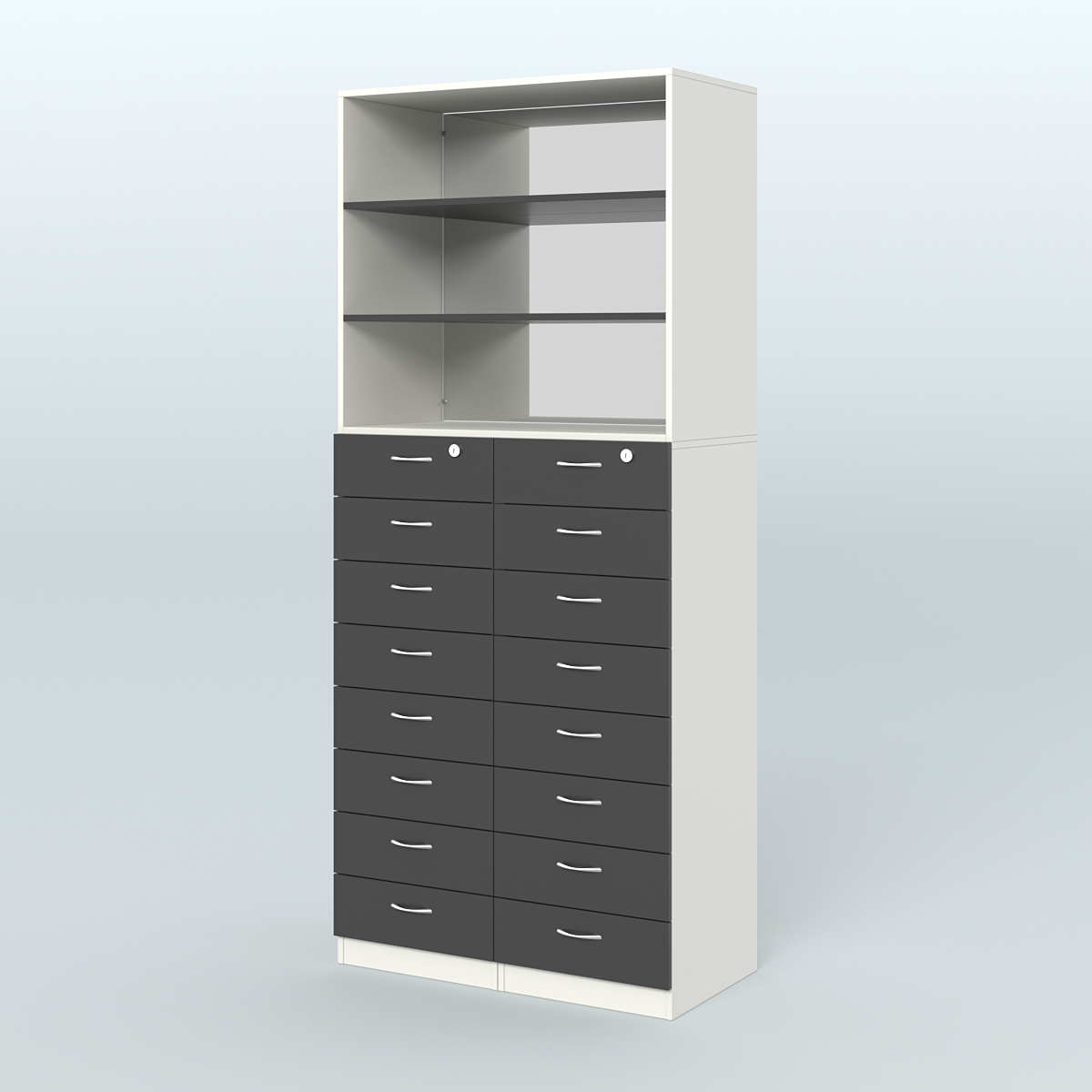 Шкаф для аптек с 16-ю ящиками и двумя полками ДСП и зеркалом №7-1-ДЗ Белый и Черный