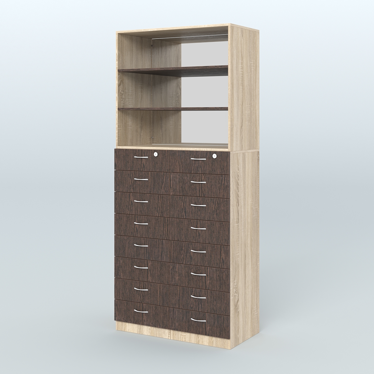 Шкаф для аптек с 16-ю ящиками и двумя полками ДСП и зеркалом №7-1-ДЗ Дуб Сонома + Дуб Венге