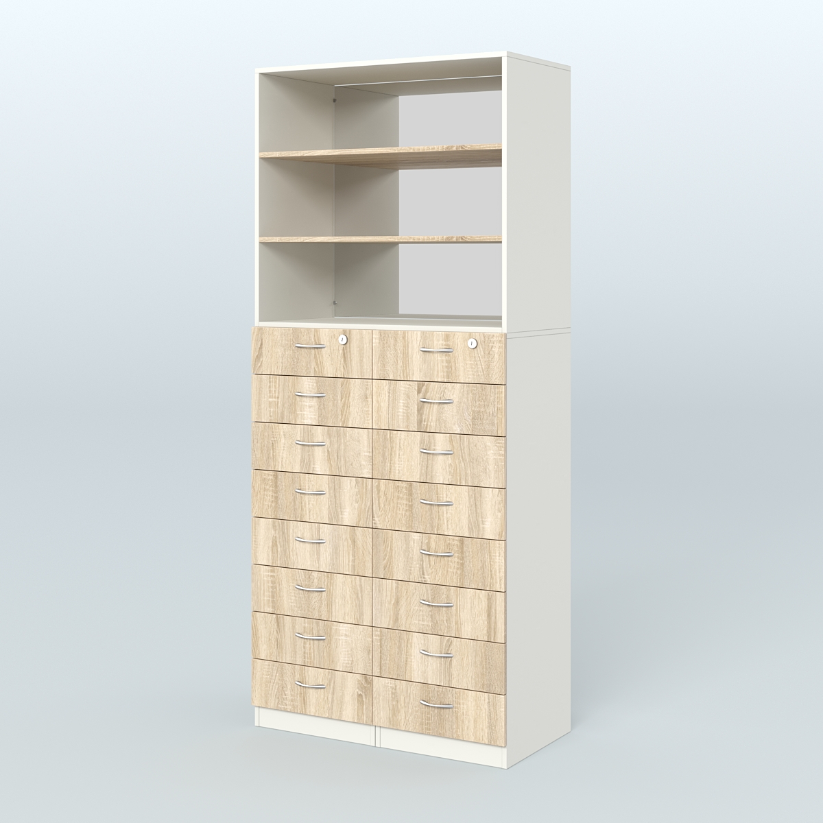 Шкаф для аптек с 16-ю ящиками и двумя полками ДСП и зеркалом №7-1-ДЗ Белый + Дуб Сонома