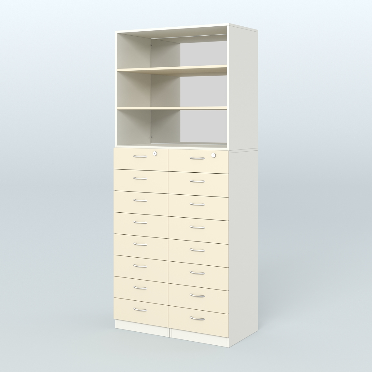 Шкаф для аптек с 16-ю ящиками и двумя полками ДСП и зеркалом №7-1-ДЗ Белый + Крем Вайс