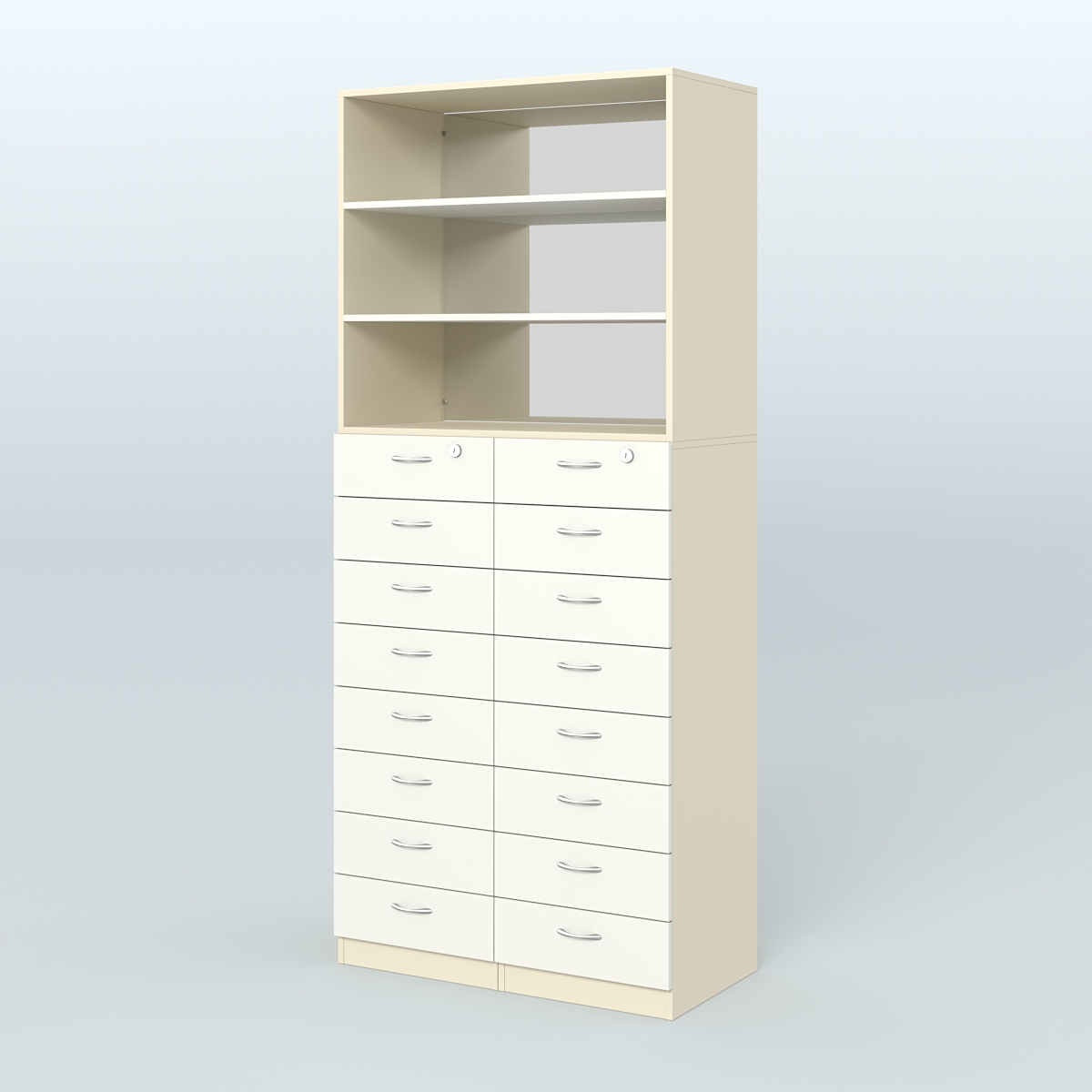 Шкаф для аптек с 16-ю ящиками и двумя полками ДСП и зеркалом №7-1-ДЗ Крем Вайс + Белый