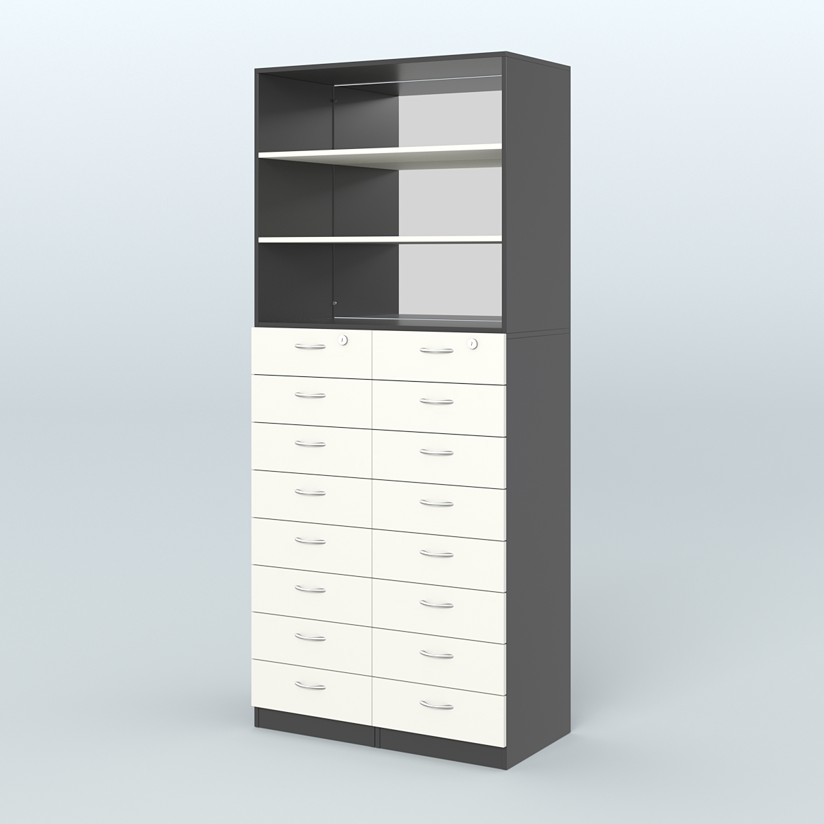 Шкаф для аптек с 16-ю ящиками и двумя полками ДСП и зеркалом №7-1-ДЗ Черный + Белый