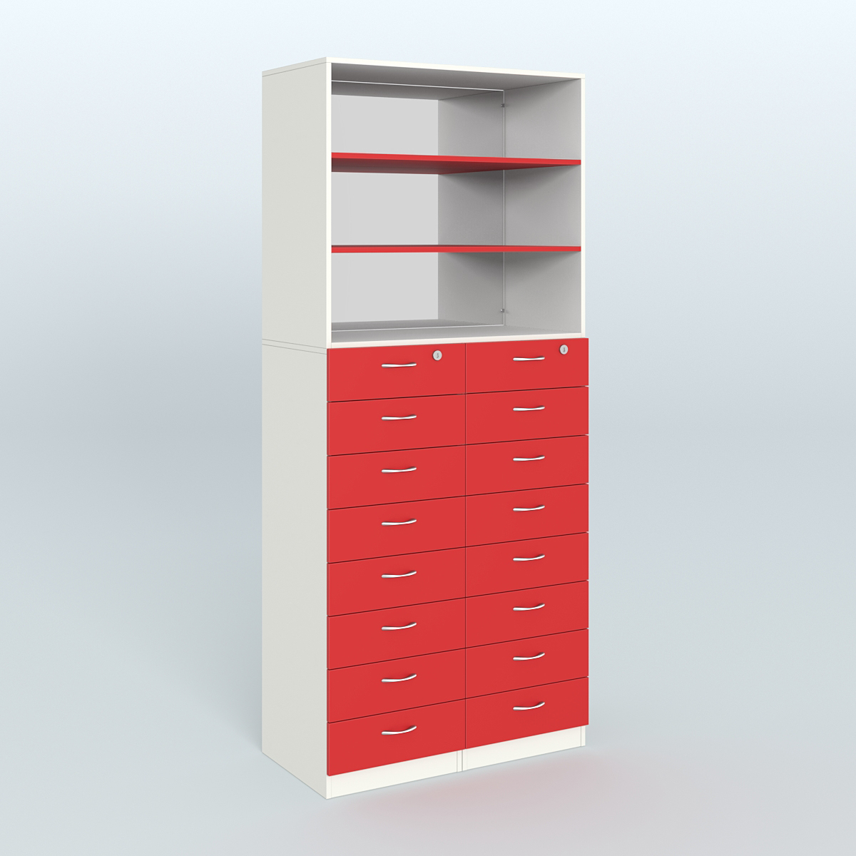 Шкаф для аптек с 16-ю ящиками и двумя полками ДСП и зеркалом №7-1-ДЗ Белый + Красный