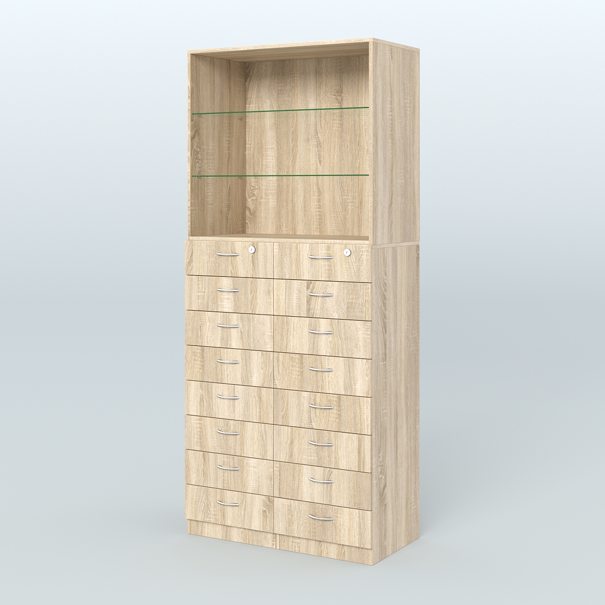 Шкаф для аптек с 16-ю ящиками и двумя стеклянными полками №7-1-С Дуб Сонома