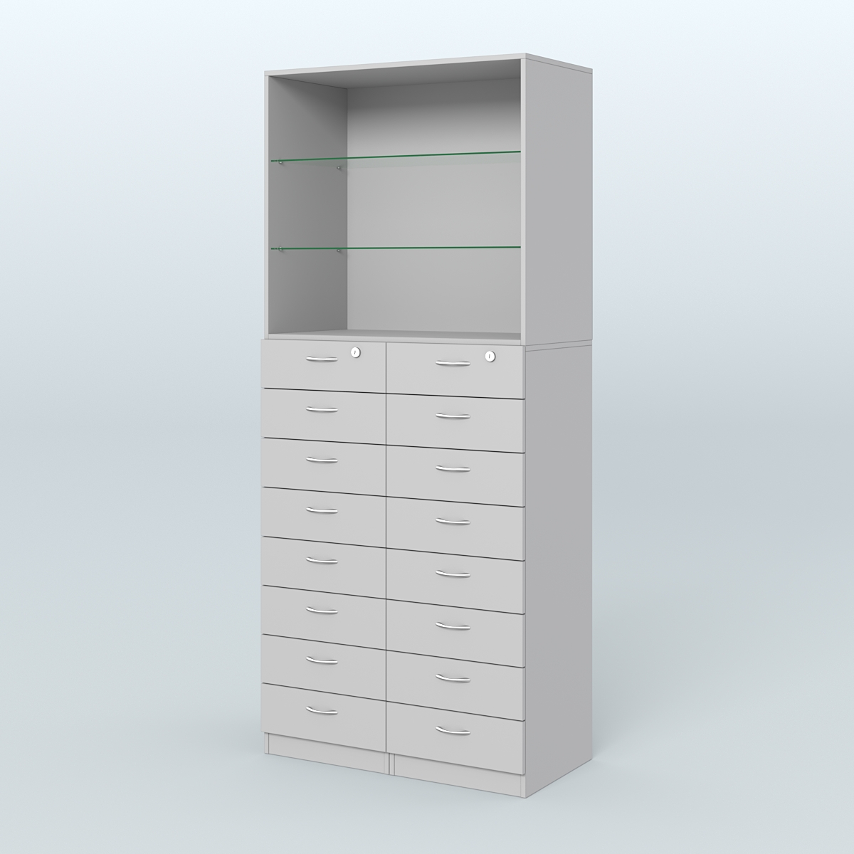 Шкаф для аптек с 16-ю ящиками и двумя стеклянными полками №7-1-С Серый