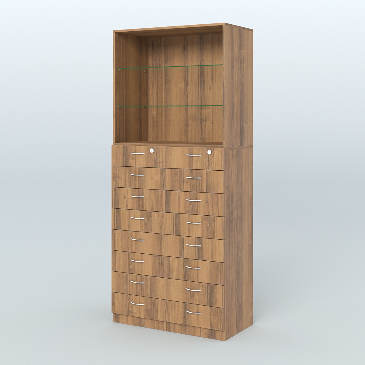 Шкаф для аптек с 16-ю ящиками и двумя стеклянными полками №7-1-С Орех