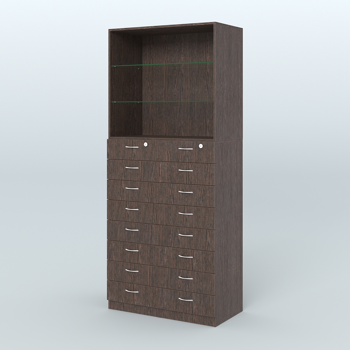 Шкаф для аптек с 16-ю ящиками и двумя стеклянными полками №7-1-С Дуб Венге