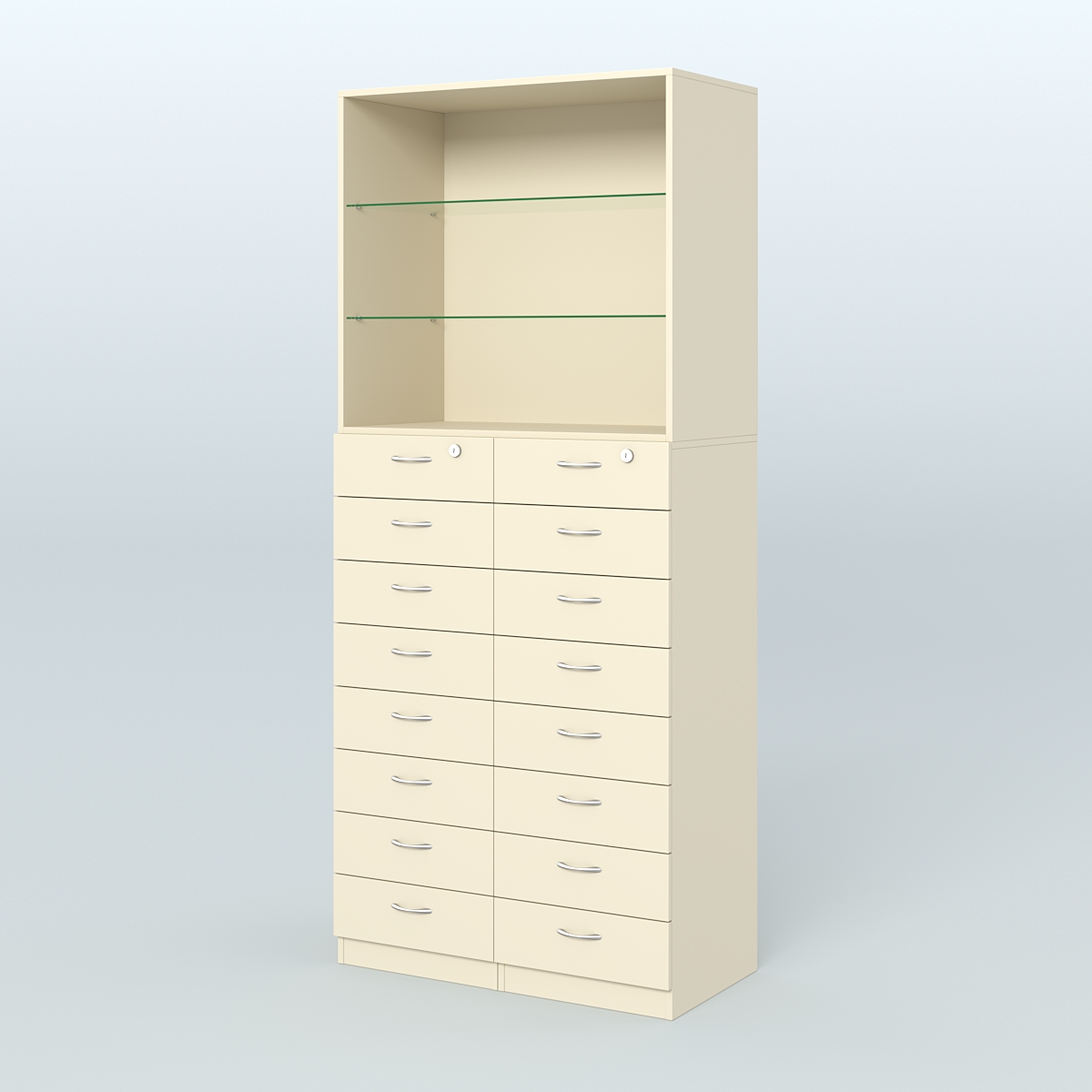 Шкаф для аптек с 16-ю ящиками и двумя стеклянными полками №7-1-С Крем Вайс