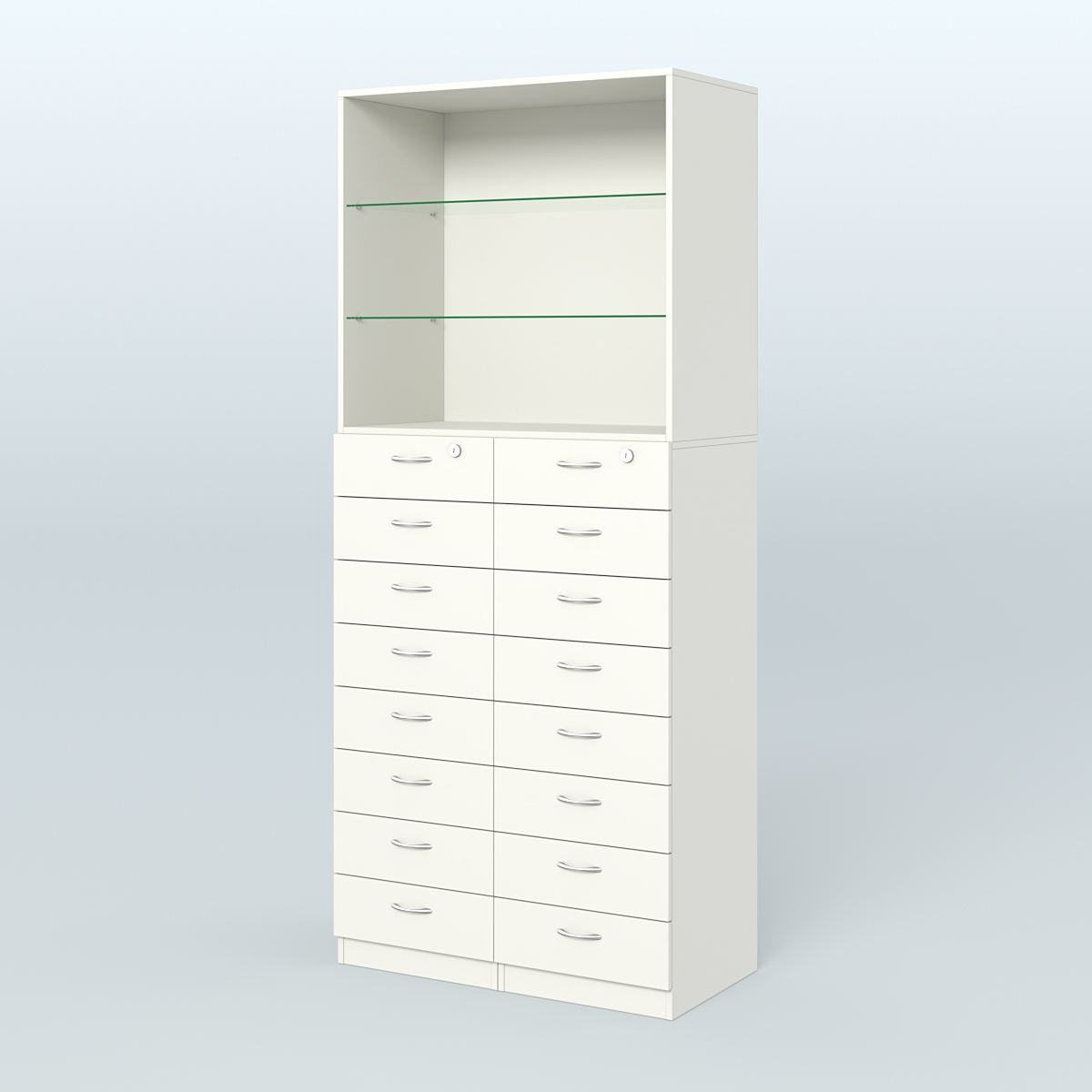 Шкаф для аптек с 16-ю ящиками и двумя стеклянными полками №7-1-С Белый