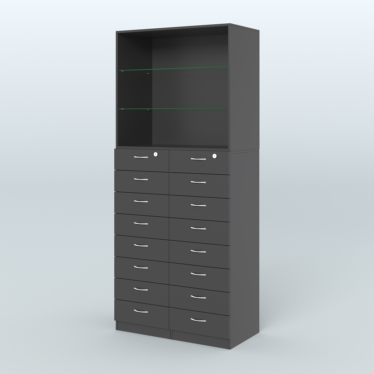 Шкаф для аптек с 16-ю ящиками и двумя стеклянными полками №7-1-С Черный