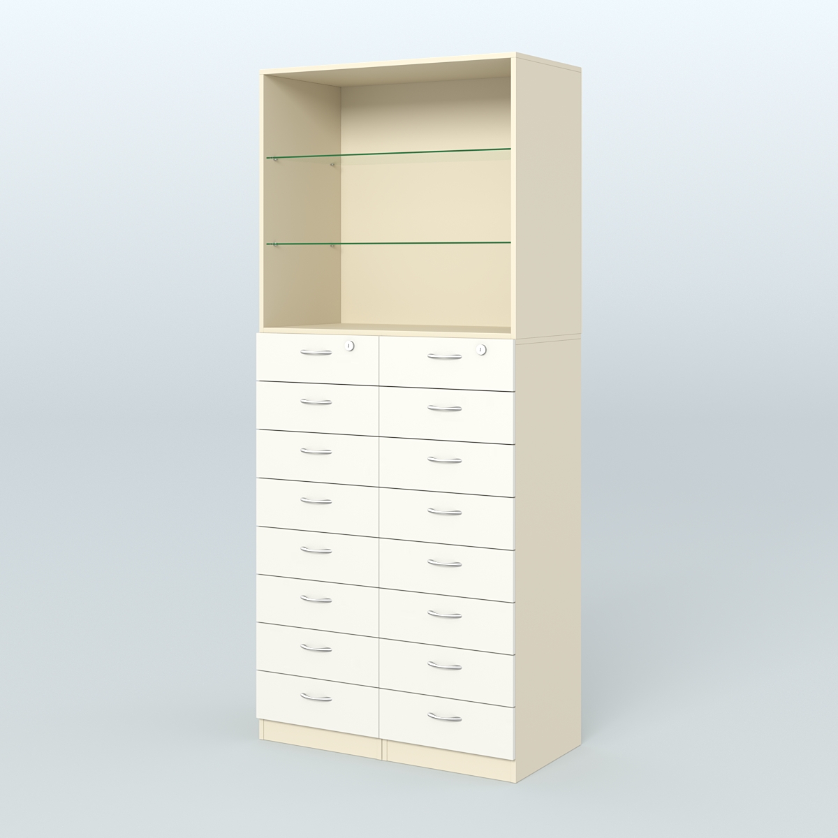 Шкаф для аптек с 16-ю ящиками и двумя стеклянными полками №7-1-С Крем Вайс + Белый