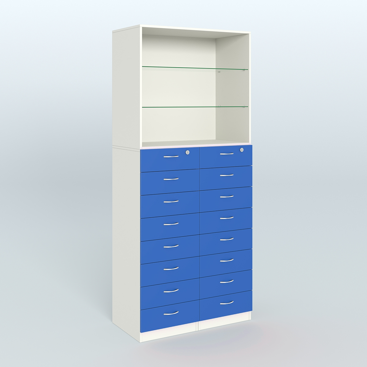 Шкаф для аптек с 16-ю ящиками и двумя стеклянными полками №7-1-С Белый + Делфт голубой