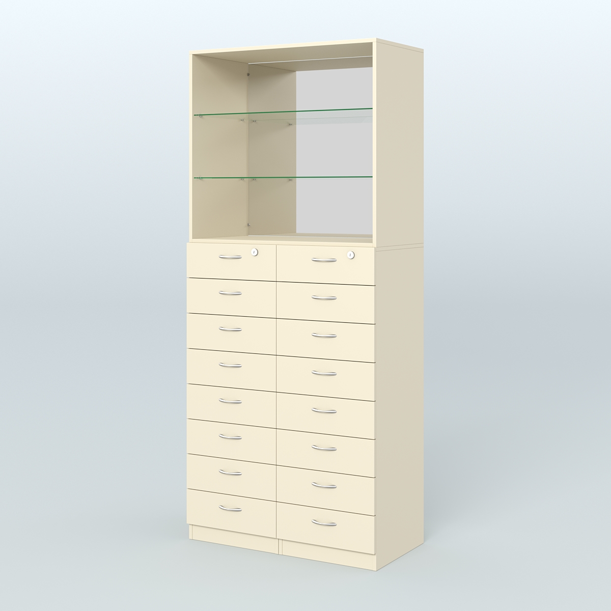 Шкаф для аптек с 16-ю ящиками стеклянными полками и зеркалом №7-1-СЗ Крем Вайс