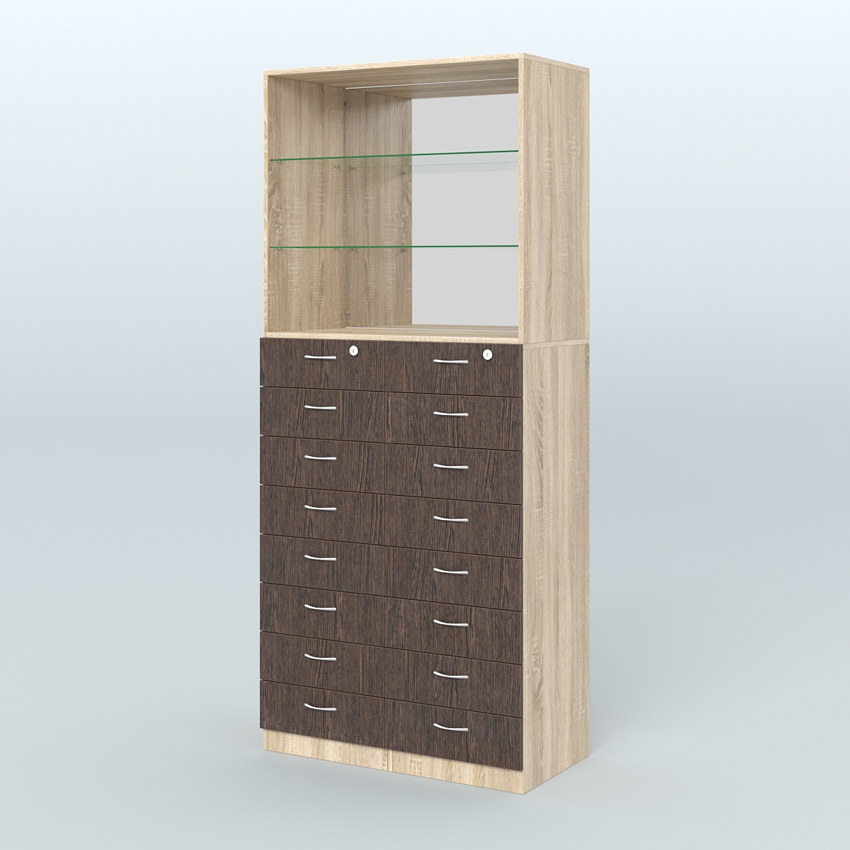 Шкаф для аптек с 16-ю ящиками стеклянными полками и зеркалом №7-1-СЗ Дуб Сонома + Дуб Венге