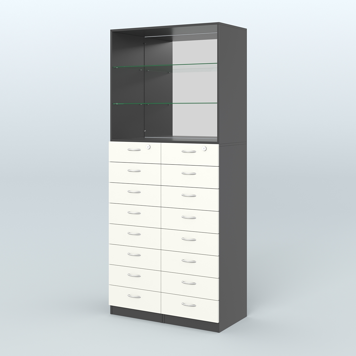 Шкаф для аптек с 16-ю ящиками стеклянными полками и зеркалом №7-1-СЗ Черный + Белый