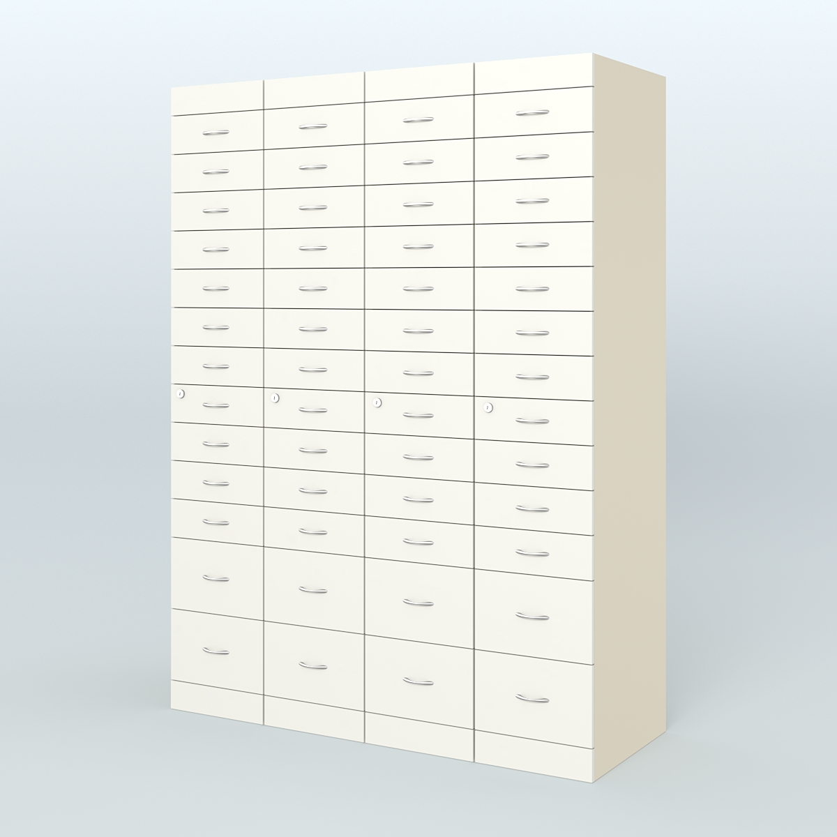 Рецептурный шкаф для аптек METACASE №4 глубиной 600 мм (52 ящика) Крем Вайс + Белый