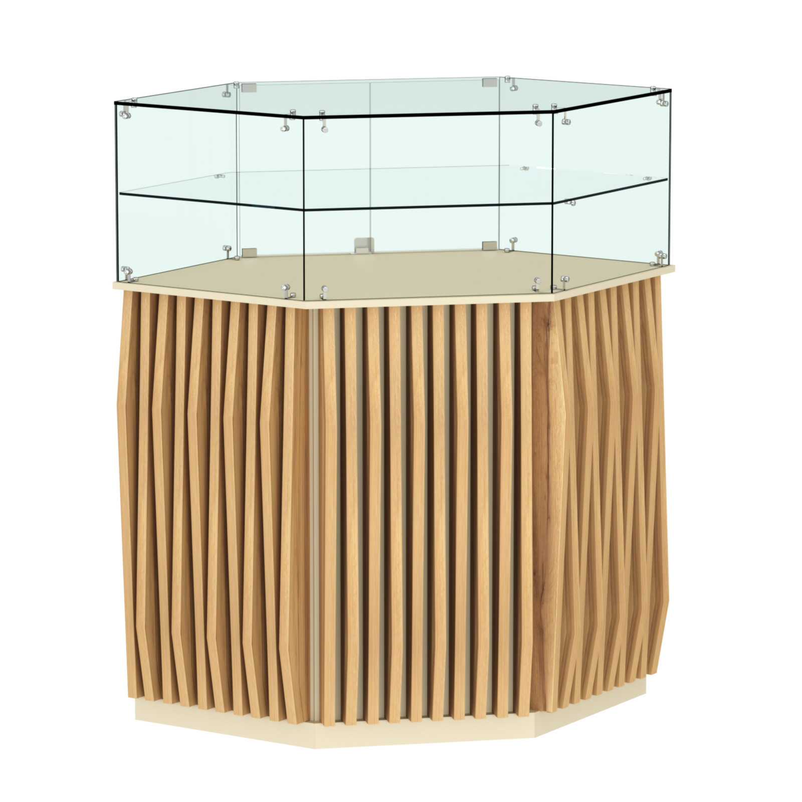 Торговый прилавок шестигранный с планками и одной полкой ОРНАМЕНТ №7 Крем Вайс и Дуб Золотистый