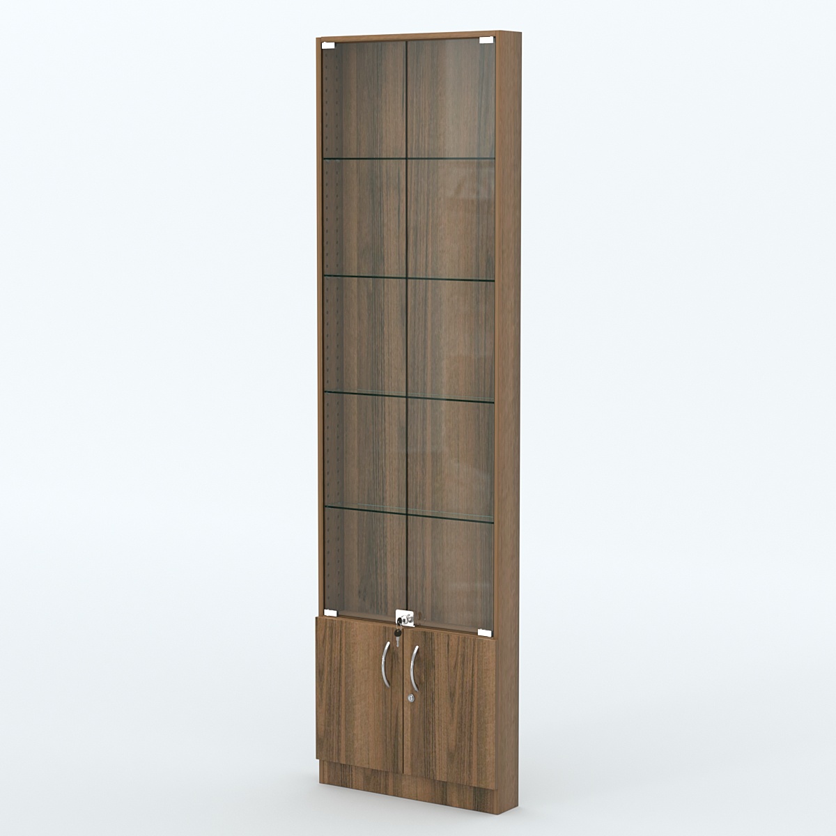 Торговая витрина с 4-мя стеклянными полками 100x600 мм серии NEXT-4 №1 (З/C - ДВП) Орех