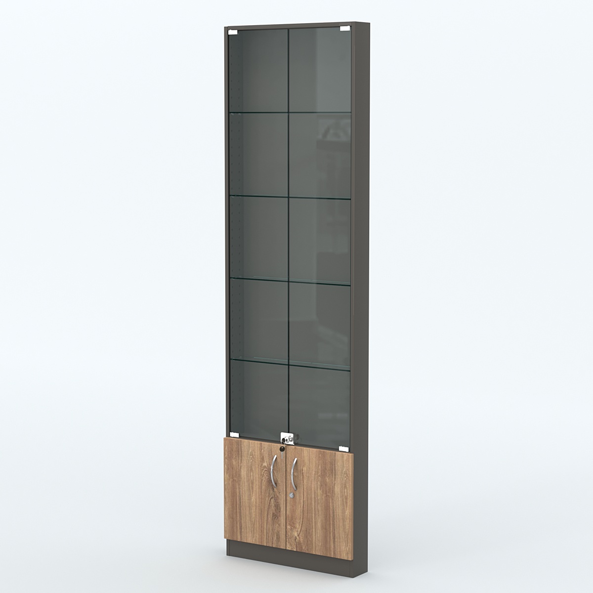 Торговая витрина с 4-мя стеклянными полками 100x600 мм серии NEXT-4 №1 (З/C - ДВП) Черный + Дуб Канзас Коричневый