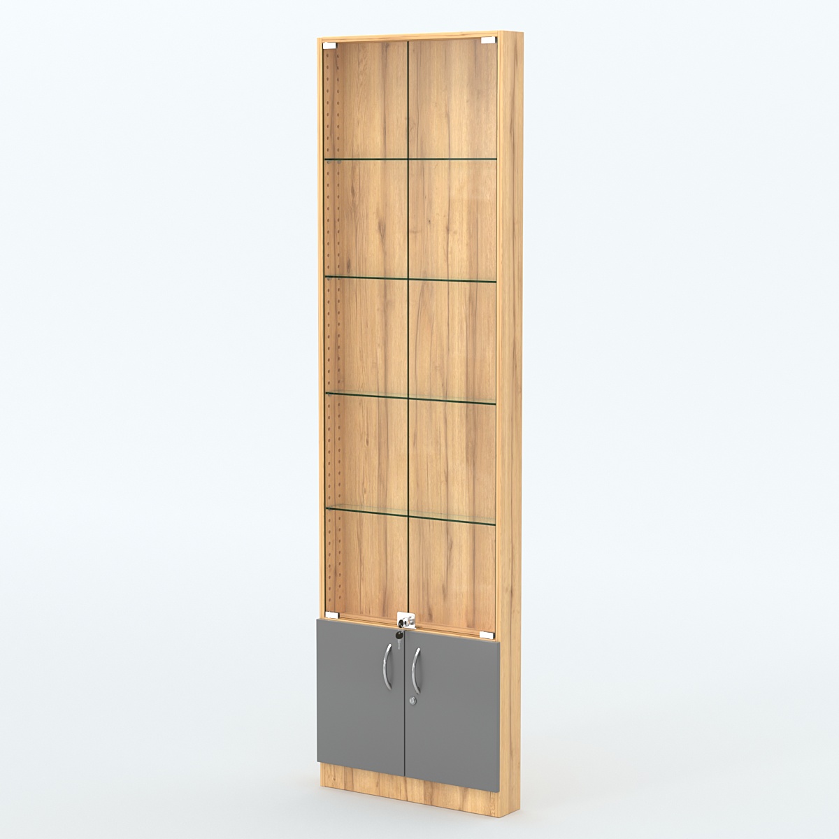 Торговая витрина с 4-мя стеклянными полками 100x600 мм серии NEXT-4 №1 (З/C - ДВП) Дуб Золотистый и Темно-Серый