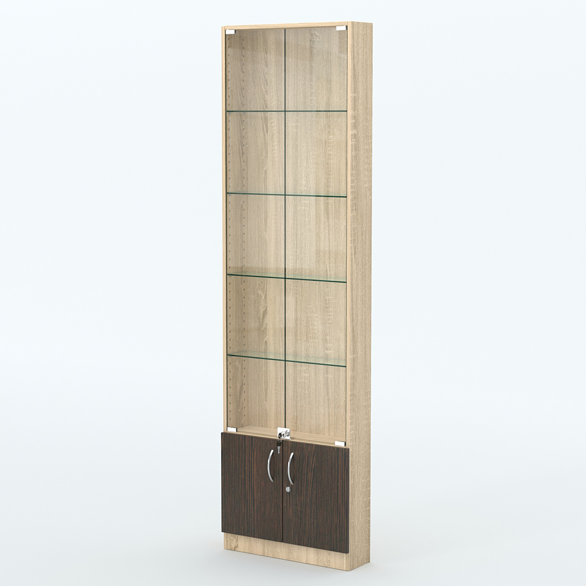 Торговая витрина с 4-мя стеклянными полками 150x600 мм серии NEXT-4 №2 (З/C - ДВП) Дуб Сонома + Дуб Венге