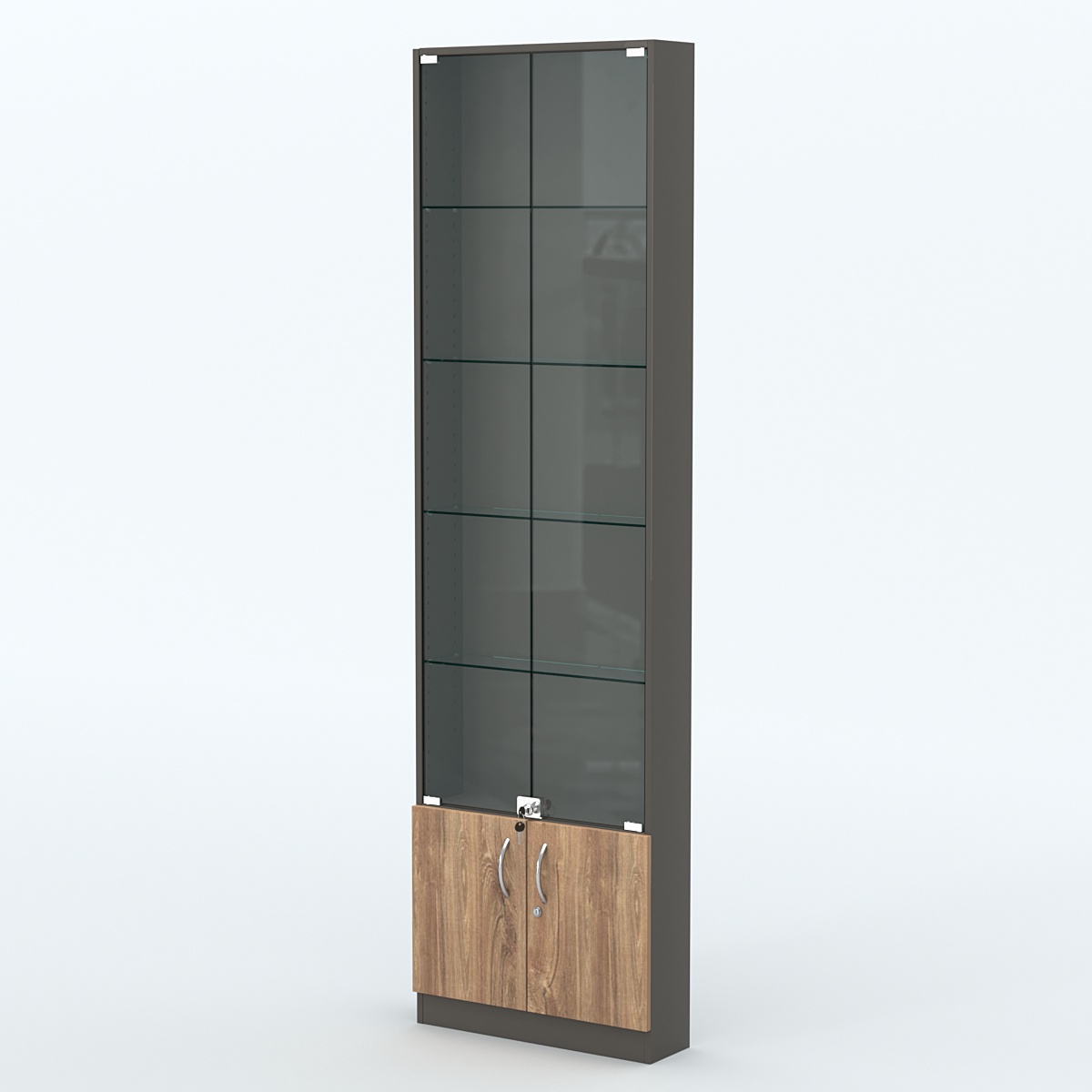 Торговая витрина с 4-мя стеклянными полками 150x600 мм серии NEXT-4 №2 (З/C - ДВП) Черный + Дуб Канзас Коричневый