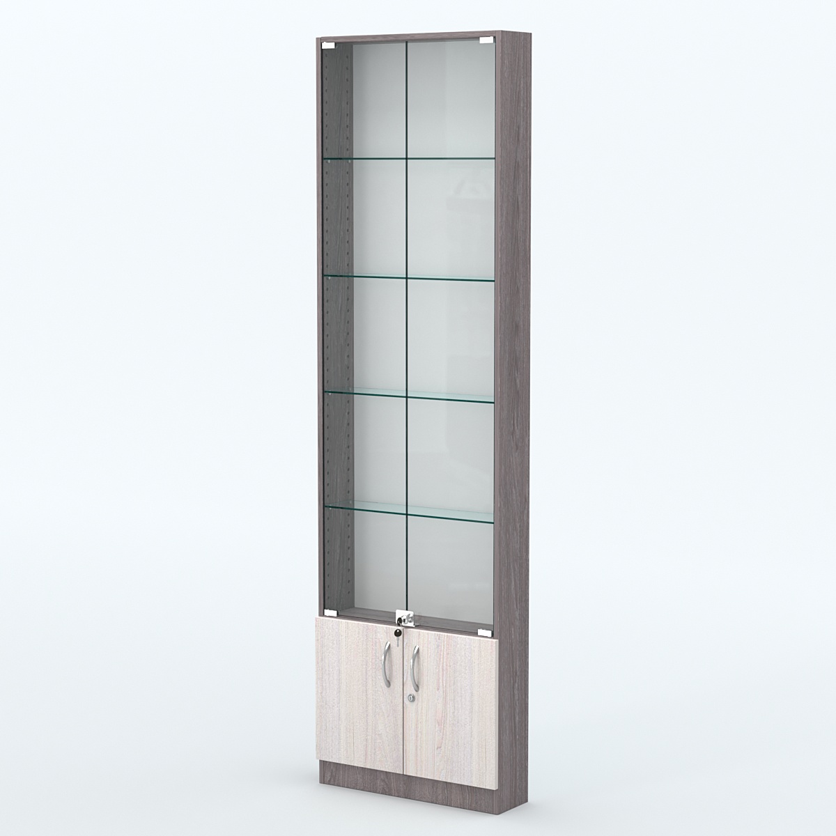 Торговая витрина с 4-мя стеклянными полками 150x600 мм серии NEXT-4 №2 (З/C - ДВП) Ясень Анкор темный + Ясень Анкор светлый