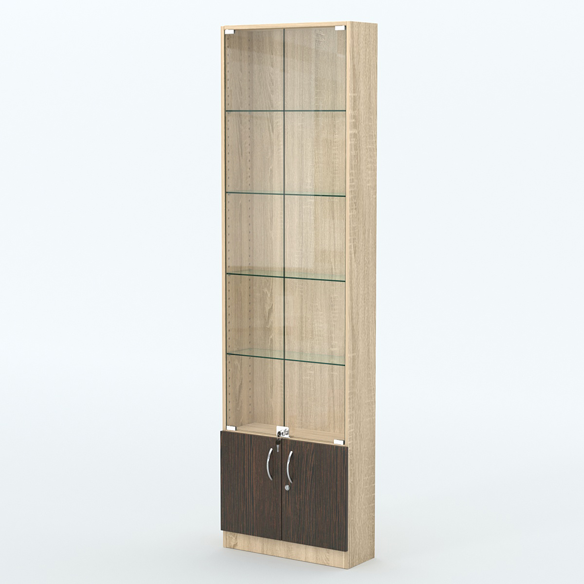 Торговая витрина с 4-мя стеклянными полками 200x600 мм серии NEXT-4 №3 (З/C - ДВП) Дуб Сонома + Дуб Венге