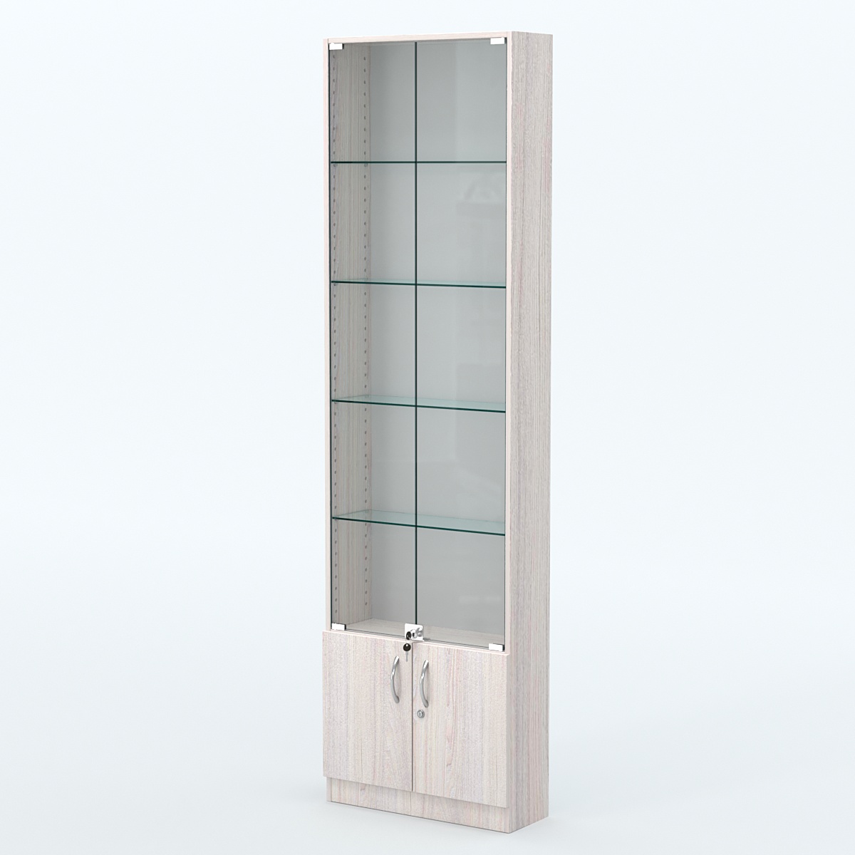 Торговая витрина с 4-мя стеклянными полками 200x600 мм серии NEXT-4 №3 (З/C - ДВП) Ясень Анкор светлый