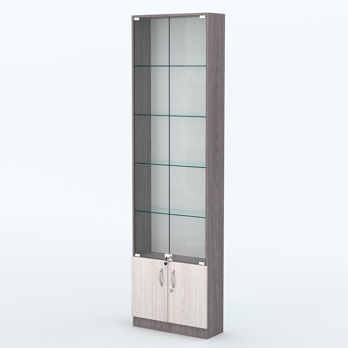 Торговая витрина с 4-мя стеклянными полками 200x600 мм серии NEXT-4 №3 (З/C - ДВП) Ясень Анкор темный + Ясень Анкор светлый