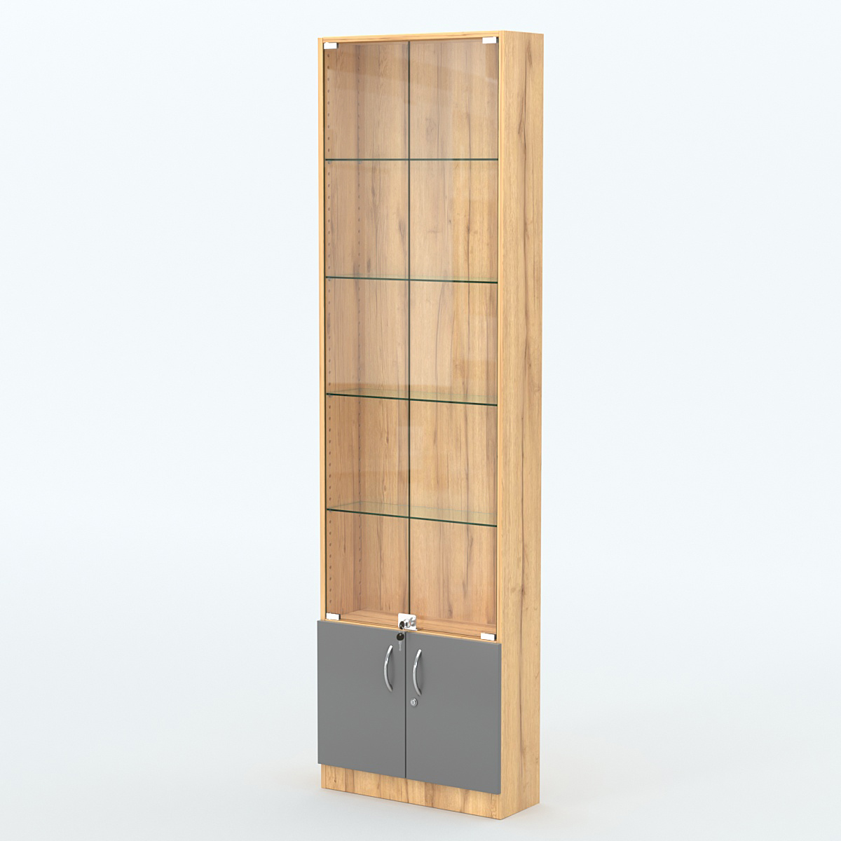 Торговая витрина с 4-мя стеклянными полками 200x600 мм серии NEXT-4 №3 (З/C - ДВП) Дуб Золотистый и Темно-Серый