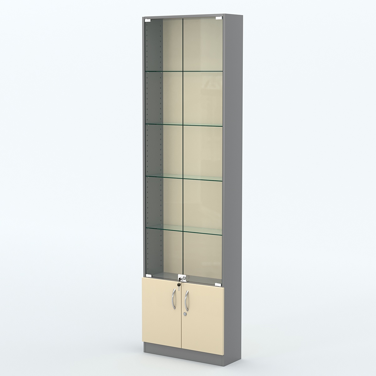 Торговая витрина с 4-мя стеклянными полками 200x600 мм серии NEXT-4 №3 (З/C - ДВП) Темно-серый + Крем Вайс