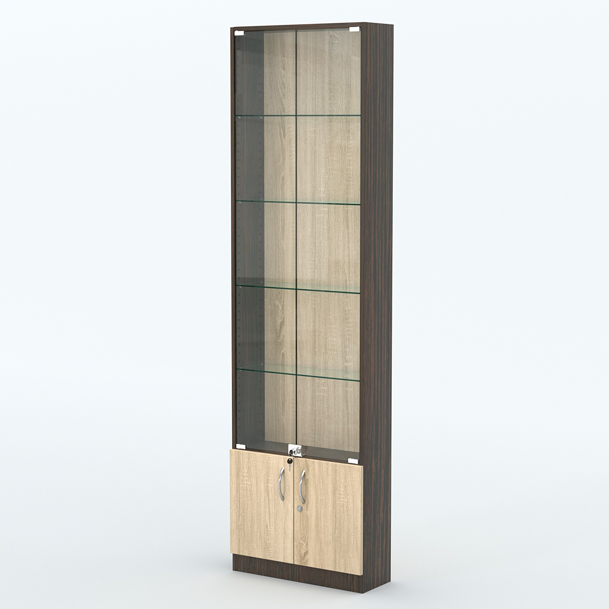 Торговая витрина с 4-мя стеклянными полками 200x600 мм серии NEXT-4 №3 (З/C - ДВП) Дуб Венге + Дуб Сонома