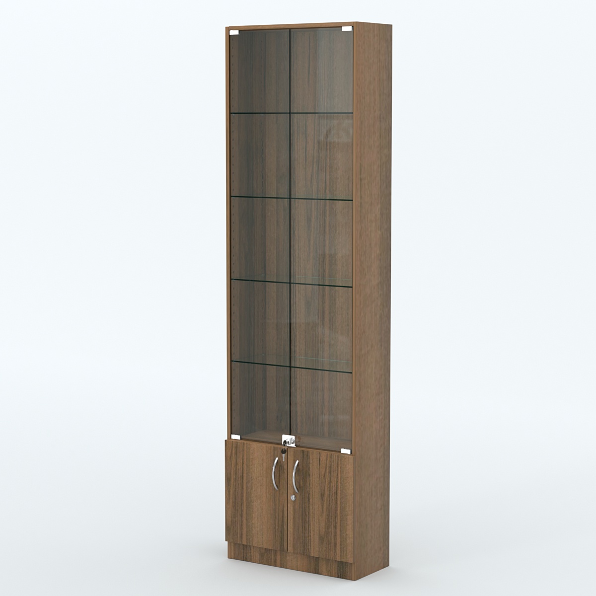 Торговая витрина с 4-мя стеклянными полками 250x600 мм серии NEXT-4 №4 (З/C - ДВП) Орех