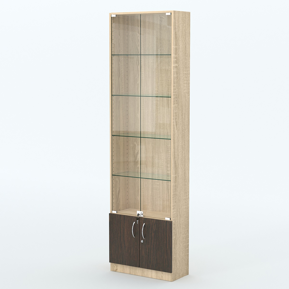 Торговая витрина с 4-мя стеклянными полками 250x600 мм серии NEXT-4 №4 (З/C - ДВП) Дуб Сонома + Дуб Венге