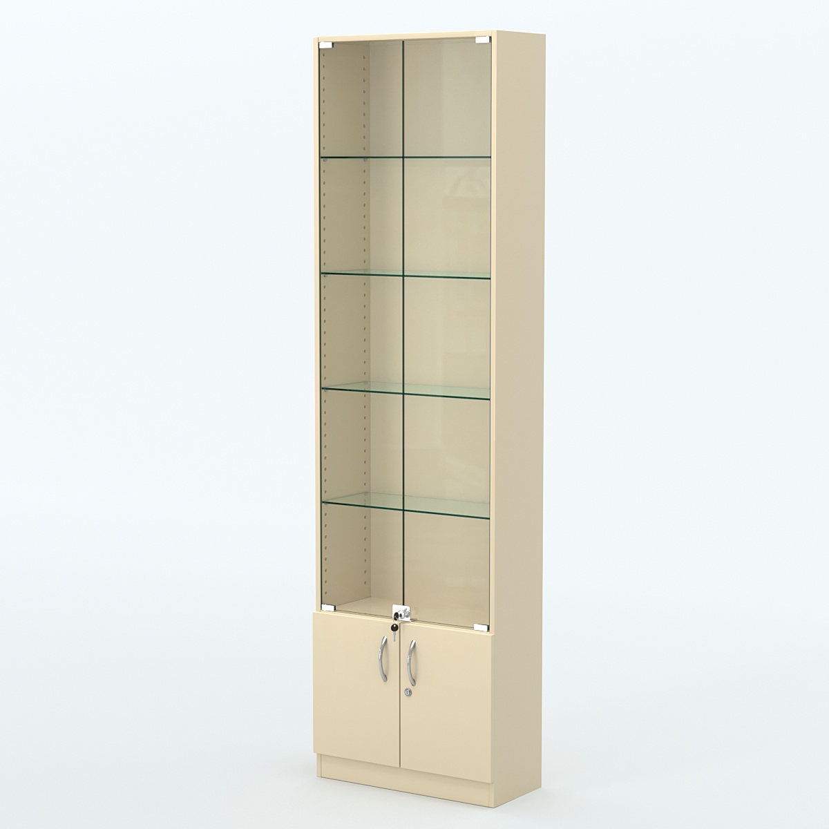 Торговая витрина с 4-мя стеклянными полками 250x600 мм серии NEXT-4 №4 (З/C - ДВП) Крем Вайс