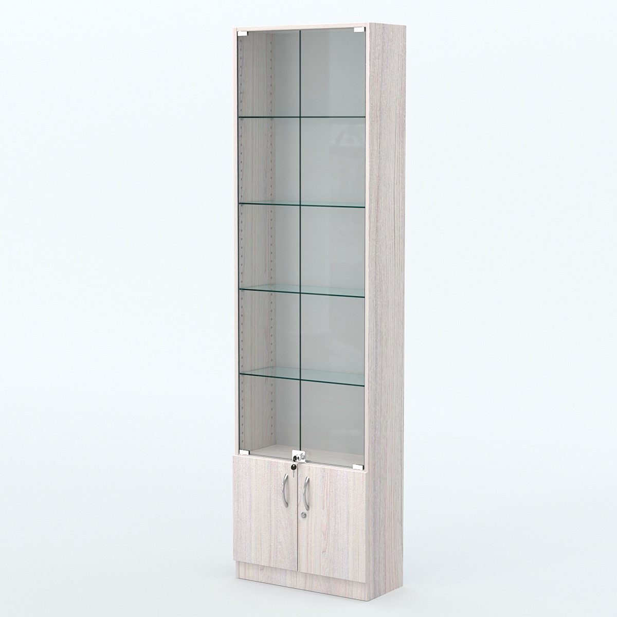Торговая витрина с 4-мя стеклянными полками 250x600 мм серии NEXT-4 №4 (З/C - ДВП) Ясень Анкор светлый