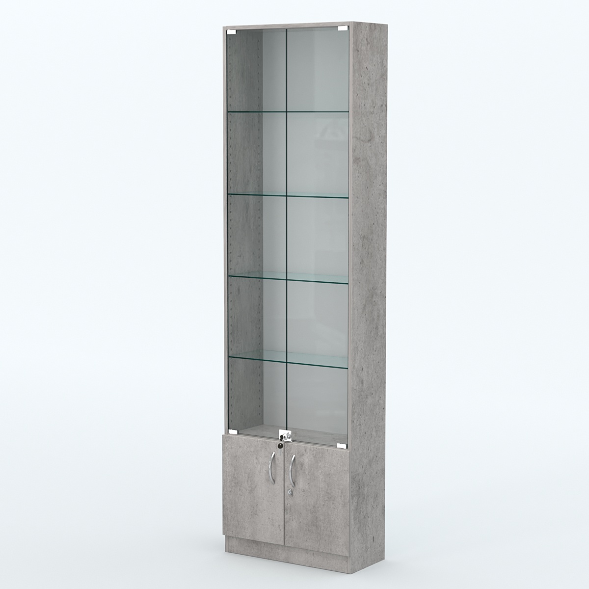 Торговая витрина с 4-мя стеклянными полками 250x600 мм серии NEXT-4 №4 (З/C - ДВП) Бетон Чикаго светло-серый F186 ST9