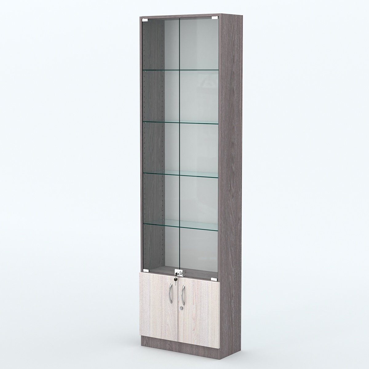 Торговая витрина с 4-мя стеклянными полками 250x600 мм серии NEXT-4 №4 (З/C - ДВП) Ясень Анкор темный + Ясень Анкор светлый