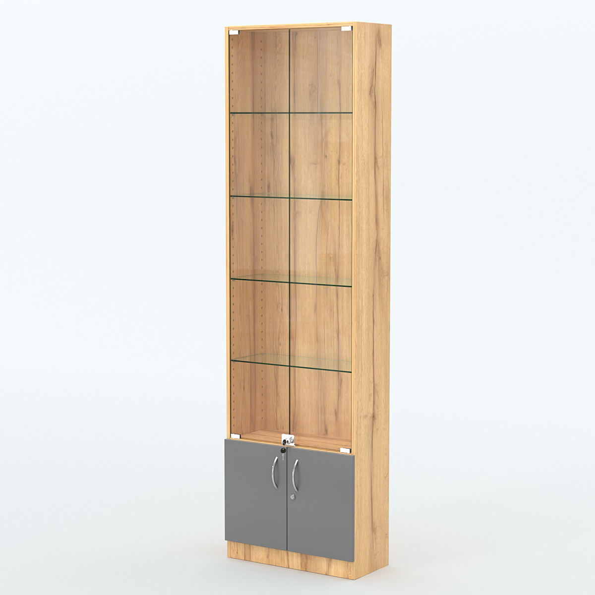 Торговая витрина с 4-мя стеклянными полками 250x600 мм серии NEXT-4 №4 (З/C - ДВП) Дуб Золотистый и Темно-Серый