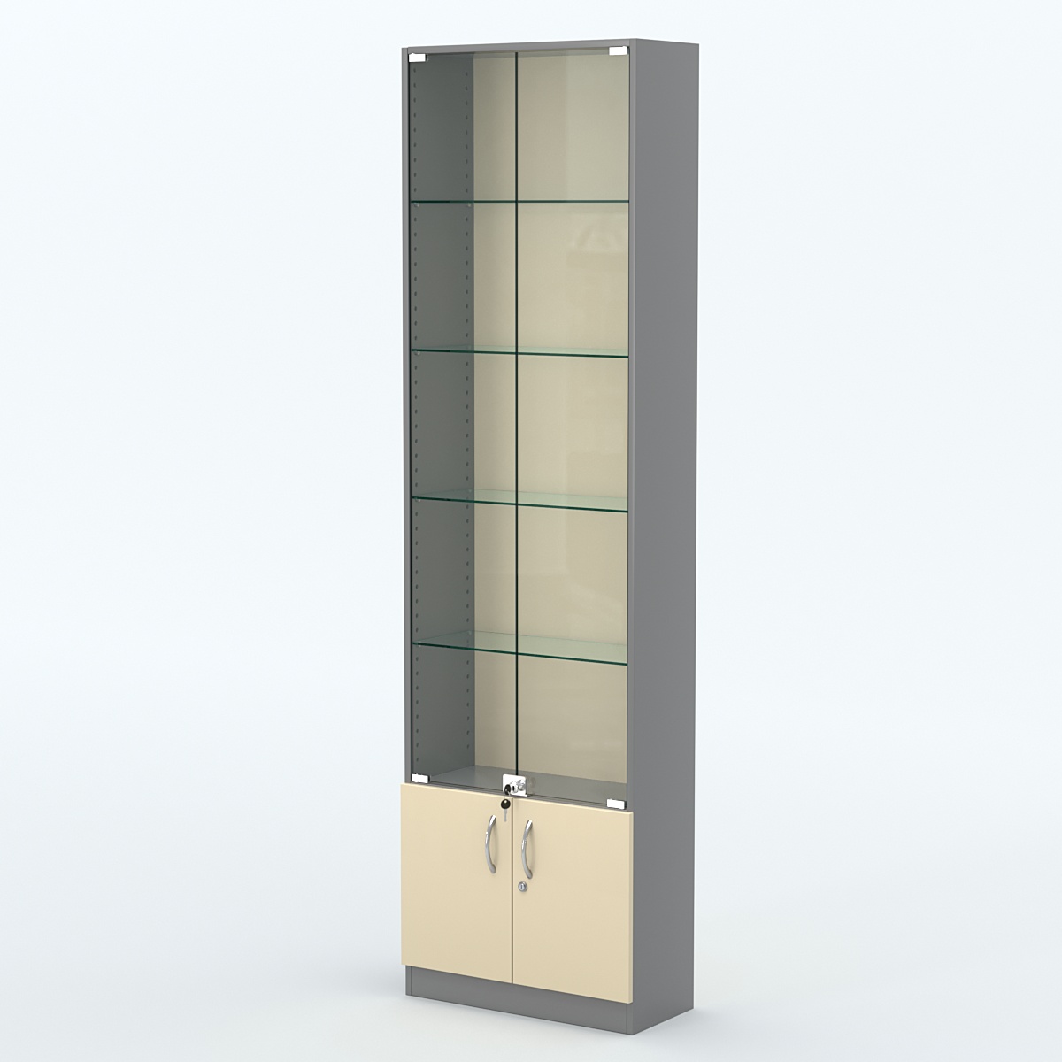 Торговая витрина с 4-мя стеклянными полками 250x600 мм серии NEXT-4 №4 (З/C - ДВП) Темно-серый + Крем Вайс