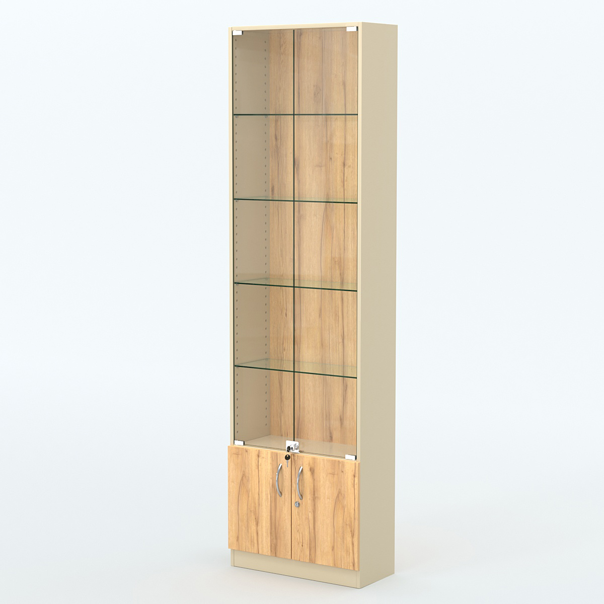 Торговая витрина с 4-мя стеклянными полками 250x600 мм серии NEXT-4 №4 (З/C - ДВП) Крем Вайс и Дуб Золотистый