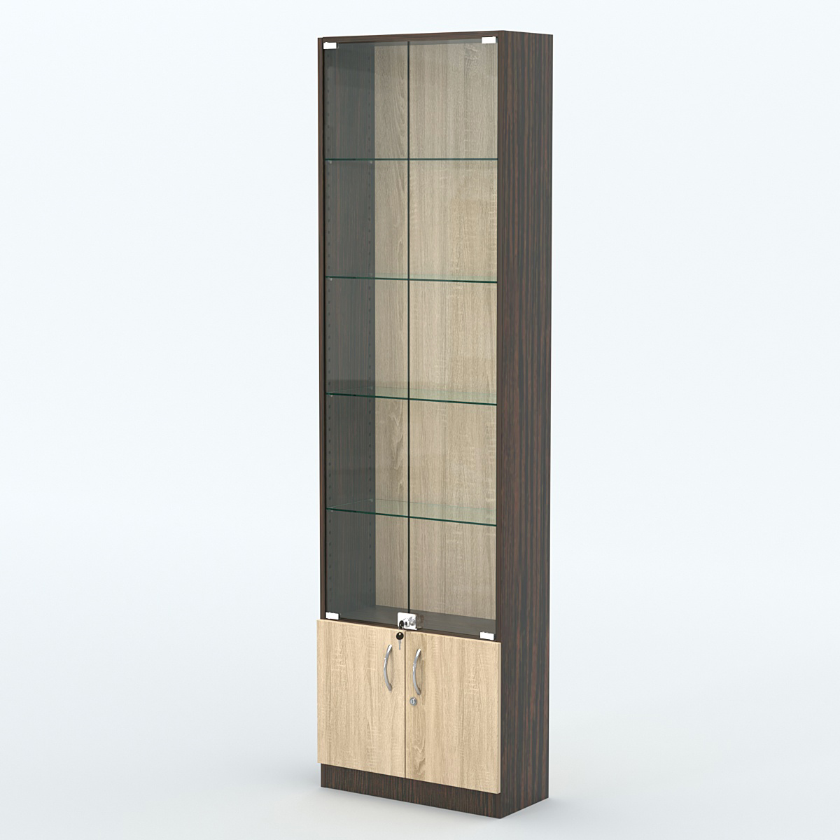 Торговая витрина с 4-мя стеклянными полками 250x600 мм серии NEXT-4 №4 (З/C - ДВП) Дуб Венге + Дуб Сонома