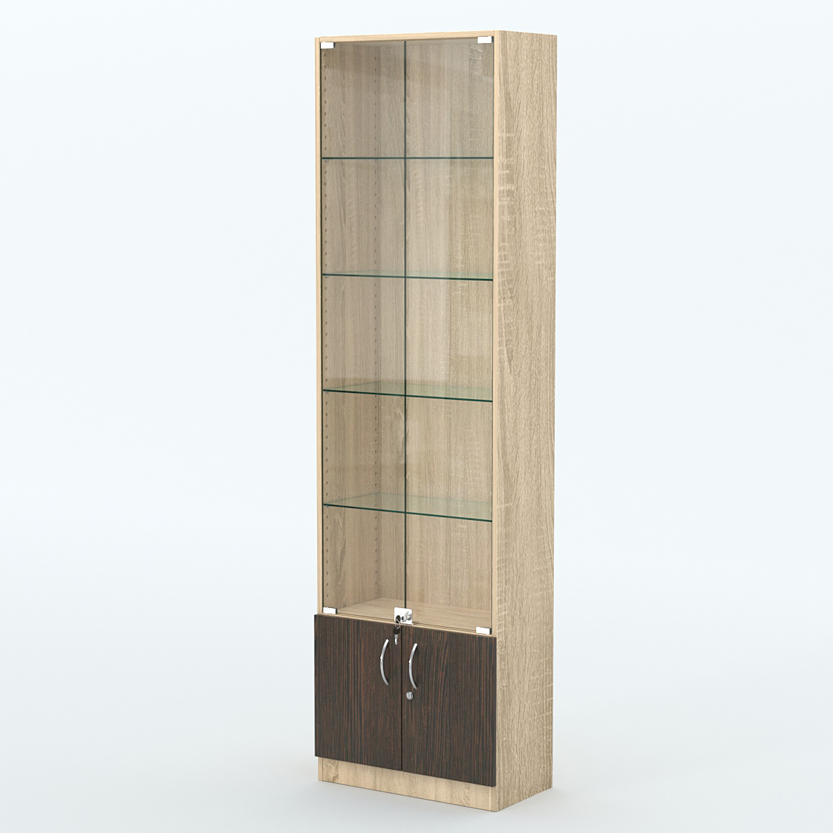 Торговая витрина с 4-мя стеклянными полками 300x600 мм серии NEXT-4 №5 (З/C - ДВП) Дуб Сонома + Дуб Венге