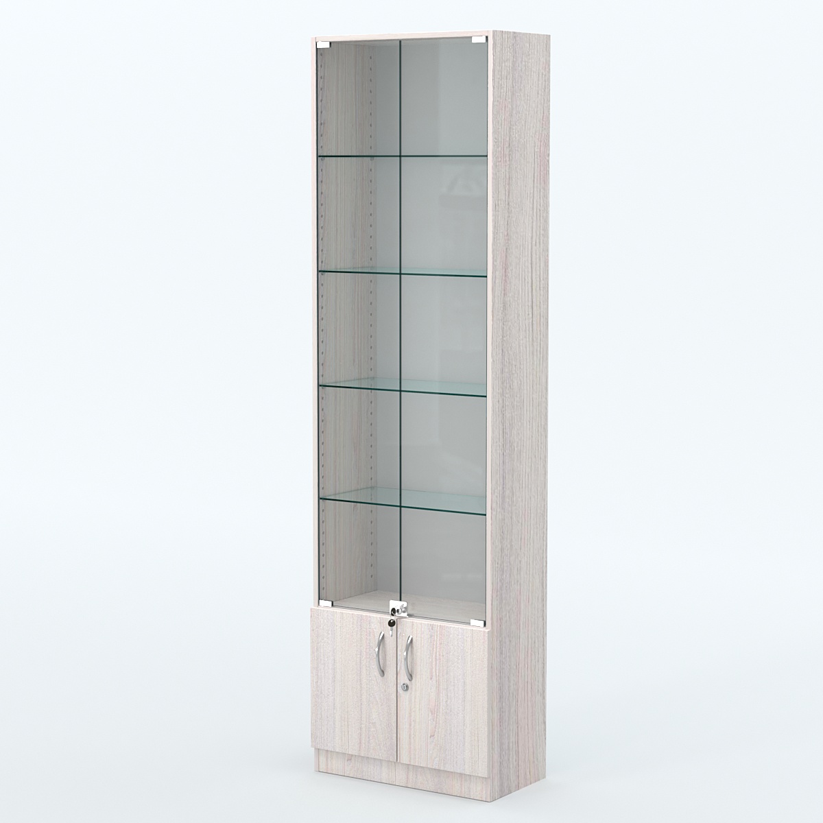 Торговая витрина с 4-мя стеклянными полками 300x600 мм серии NEXT-4 №5 (З/C - ДВП) Ясень Анкор светлый